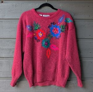 VTG 80s Mariea Kim Magenta Pink Bedazzled Sweater Size Small Patchwork Floral